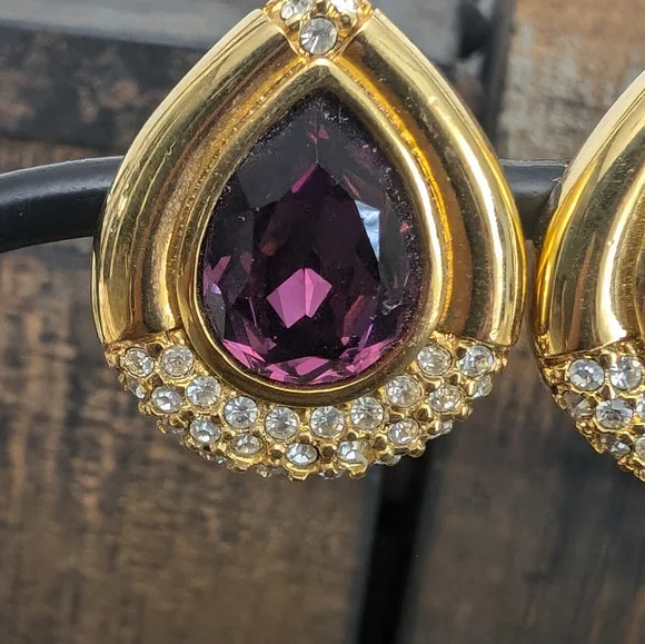 Swarovski Amethyst Crystal and Clear Crystal Gold Tone Earrings Clip Style - Picture 6 of 11